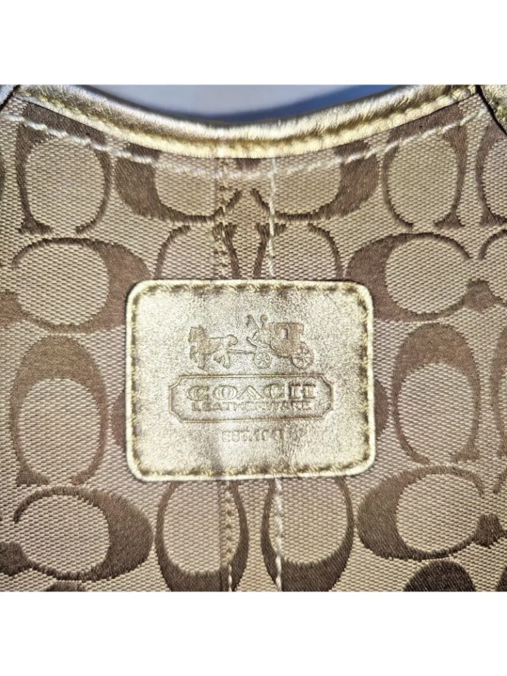 COACH BLEECKER Signatue TOTE Satchel BAG Gold Tan Leather Fabric
